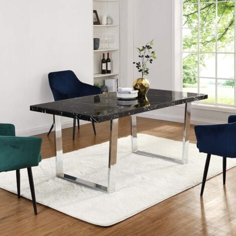 Cherry Tree Furniture BIASCA 6-Seater High Gloss Marble Effect Dining Table with Silver Chrome Legs Black