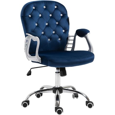 Cherry Tree Furniture Velvet Diamante Buttoned Swivel Chair with Chrome Feet Blue