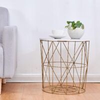 Cherry Tree Furniture KORAM Marble Effect Top Basket Side Table Golden Geometric Wire Frame End Table - Round Marble