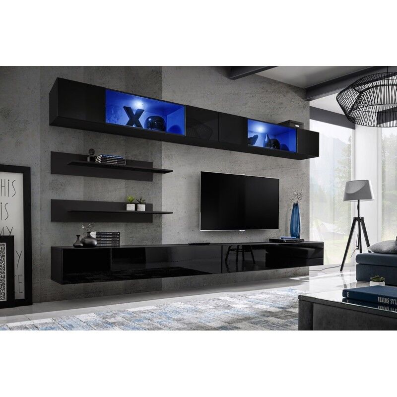 Ensemble Meuble TV FLY S2 avec LED. Coloris noir. Meuble suspendu d