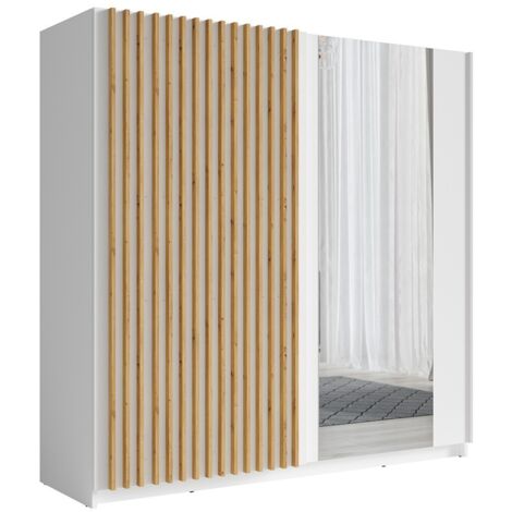 Meublorama – Armoire 2 portes coulissantes avec miroir 200 cm – blanc et chêne – Panneaux de particules de première qualité – Pour chambres modernes