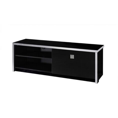 Meuble TV LYON – Design noir brillant et métal – L150 x H51 x P42 cm (1/2)