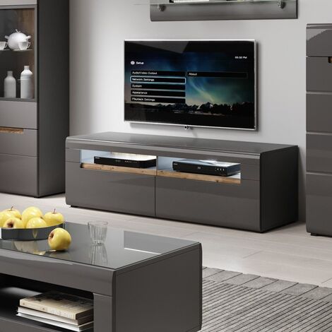Meuble TV contemporain chêne et noir laqué avec LED - VERONICA XL