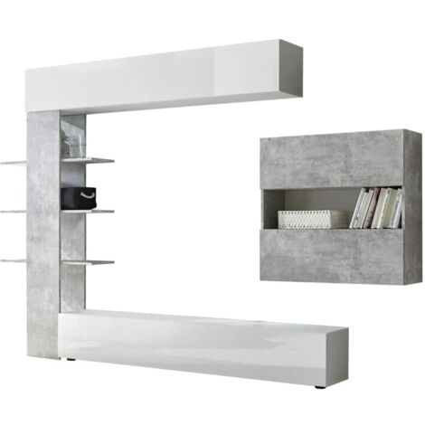 Ensemble meubles salon avec rangements, collection VASCO, blanc laqué/gris effet béton (1/4)