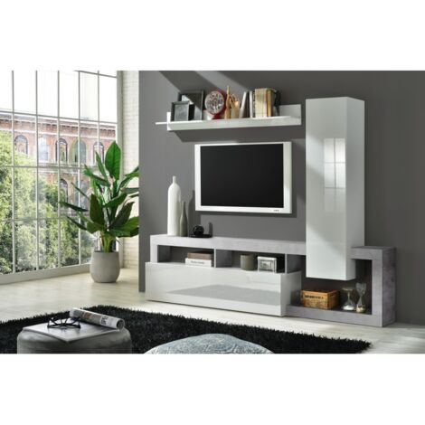 Ensemble meubles salon avec rangements, collection BURA, longueur 219 cm, blanc laqué/gris béton (1/4)