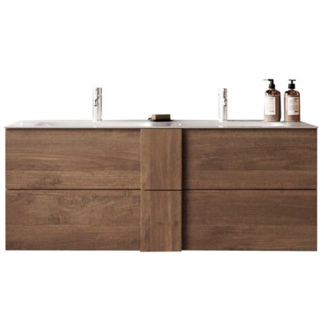 Meublorama – Meuble double vasque suspendu – 2 vasques, 2 tiroirs – Coloris chêne clair – Panneaux de particules et MDF – Montage facile (1/2)