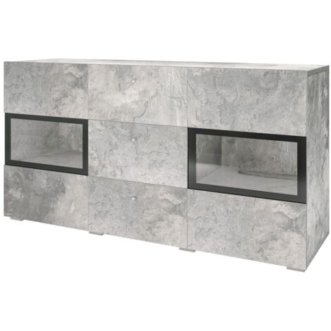 Meublorama – Buffet 2 portes vitrées et 3 tiroirs – Gris effet béton et noir – Panneaux MDF 15mm – Design contemporain pour salon moderne (1/5)