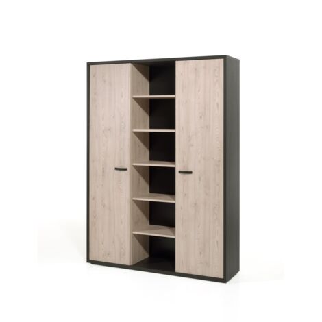 Meuble haut de rangement pour bureau 2 portes et étagères coloris chêne clair et noir (1/2)