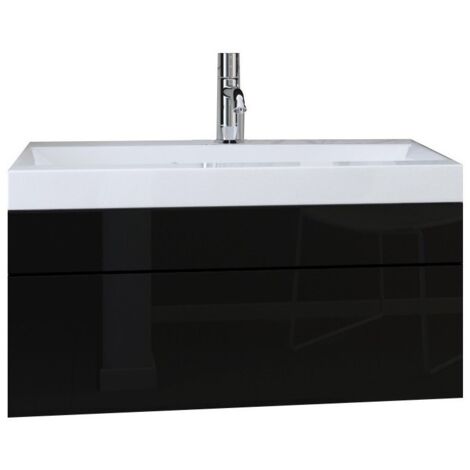 Meuble sous vasque 80 cm suspendu collection RAVEN, noir mat et brillant, vasque et siphon inclus
