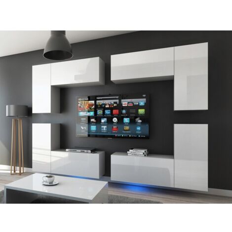 Ensemble de meubles de salon blanc suspendus collection CEPTO XX 276cm, 8 meubles, leds, modulables. (1/4)