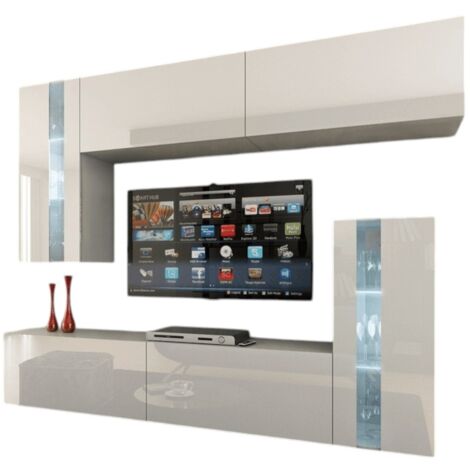 Ensemble de meubles de salon blanc, suspendus collection CEPTO XXX. 203cm, 6 meubles, leds, modulables. (1/5)