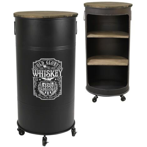 Meublorama – Bar bidon ouvert avec roulettes – Style industriel old glory – Métal robuste – Diamètre 50cm, hauteur 100cm – Accès facile aux bouteilles (1/2)