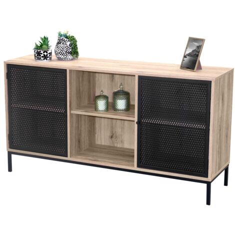 Buffet 2 portes avec grillage en métal noir – Coloris chêne clair, dimensions 100x40xH75 cm – Collection METALIX (1/2)