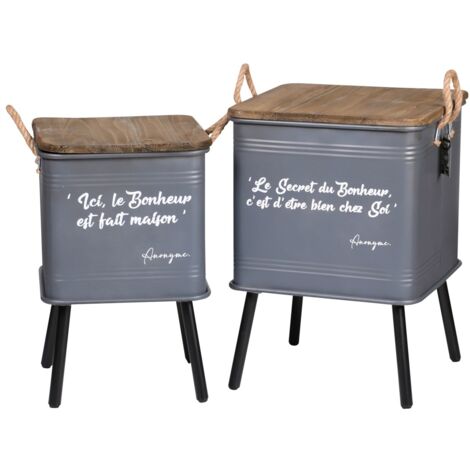 Ensemble de 2 tables grises en métal style industriel avec anse en corde. Collection HAPPINESS (1/2)