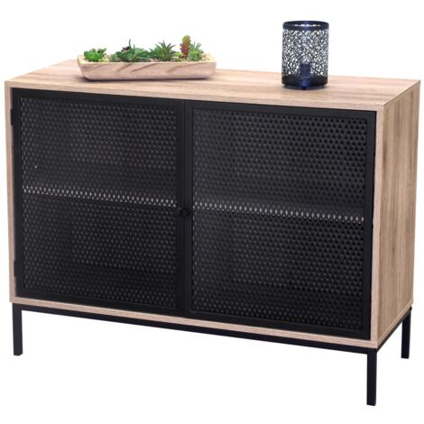 Buffet 2 portes avec grillage en métal noir – Coloris chêne clair, dimensions 100x40xH75 cm – Collection METALIX (1/2)