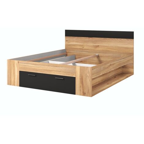 Lit adulte 180x200 avec tiroirs intégrés - Collection EOS. Coloris chêne clair et noir. (1/4)