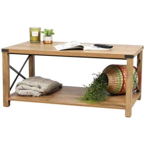 Table basse avec croisillons en métal collection BELVINA – Coloris chêne clair, dimensions 100x55x46 cm (1/2)