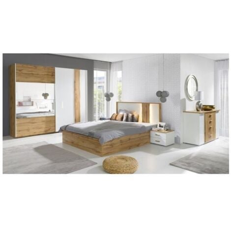Armoire Wood 2 portes coulissantes avec miroir, coloris chêne et blanc