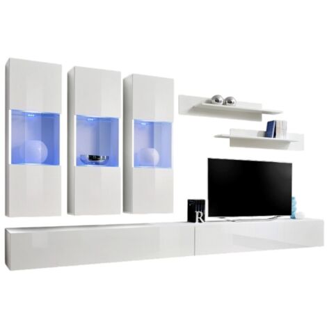 Meuble TV FLY E2 design, coloris blanc brillant. Meuble suspendu moderne et tendance pour votre salon. (1/2)