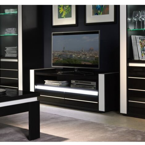 Meuble Tv Lina Noir Et Blanc Brillant Led Noir