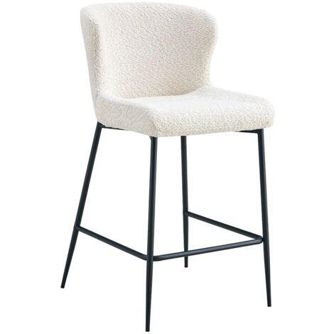 Chaise de comptoir LISE – Tissu bouclé coloris blanc écru – Pieds en métal noir – Style design/industriel (1/5)