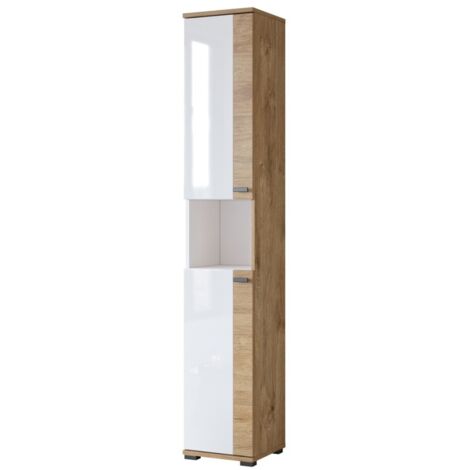 Colonne de salle de bain collection BALEA – 2 portes et 1 niche, coloris blanc et chêne