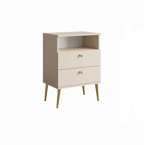 Table de Chevet 2 Tiroirs avec Niche - beige et pieds en métal doré - Collection Aurora (1/3)