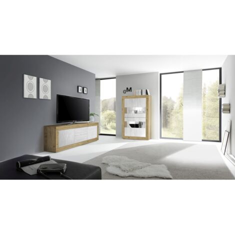 Vitrine design 4 portes collection ACCESS. Coloris blanc et chêne clair