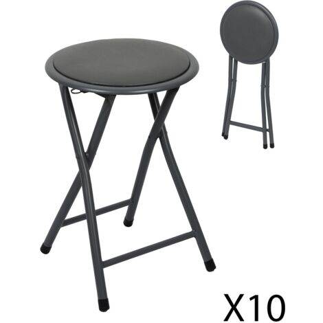 Lot de 10 tabourets pliables – Collection BASICUS, coloris noir, assise en PU, diamètre 30 cm, hauteur 45 cm (1/4)