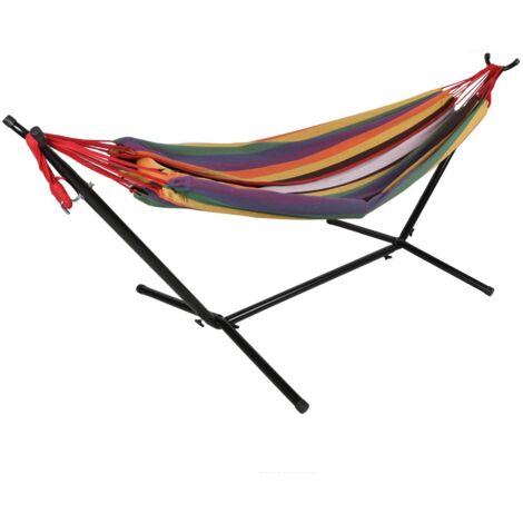 Hamac Avec Support Métal Toile Rayée Bleu/Vert - Lit Suspendu Jardin Patio, 200x150 Cm, Charge 160 Kg, Facile à Monter