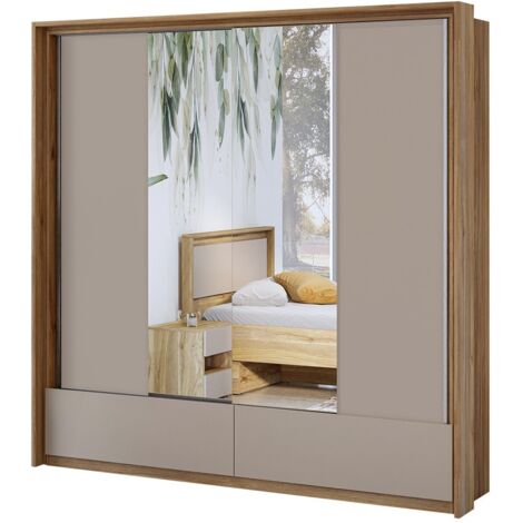 Armoire 2 portes avec miroirs, 2 tiroirs, penderie et 5 étagères coloris chêne et beige (1/5)