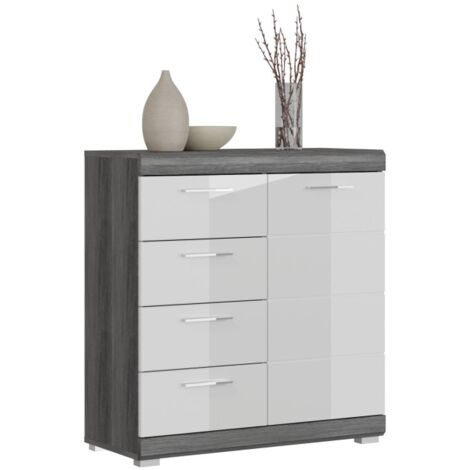Buffet SCOTT – 4 tiroirs et 1 porte – Gris foncé et blanc – 80x85x37 cm (1/5)