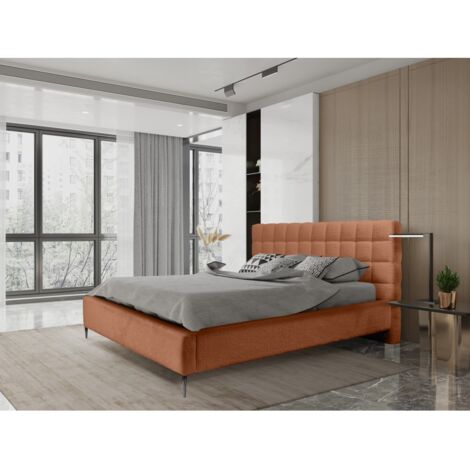 Lit MILLIO – Terracotta – 140x200 cm – Tissu chenille bouclé – Sommier inclus – Confort hôtel 5 étoiles (1/5)
