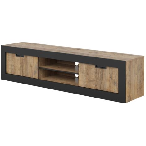 Meuble TV MEUNIER – 2 portes & 5 niches – Chêne Samdal & noir Mat – 180×42×40 cm (1/5)