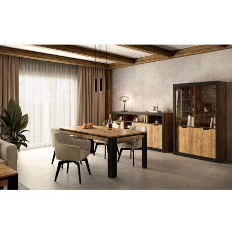 Pack salle à manger MEUNIER – Vitrine, buffet haut & table 8 pers. Chêne Samdal & noir mat