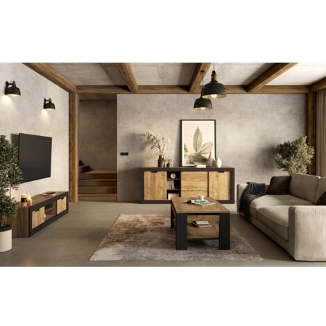 Pack Salon Loft MEUNIER – Meuble TV, buffet & table basse en Chêne Samdal & Noir Mat (1/5)