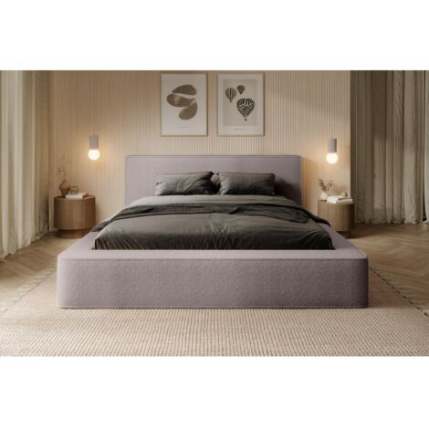 Lit coffre VELORA – Taupe rosé bouclé – 160x200 cm – Tissu velours doux – Sommier relevable – Rangement intégré (1/5)