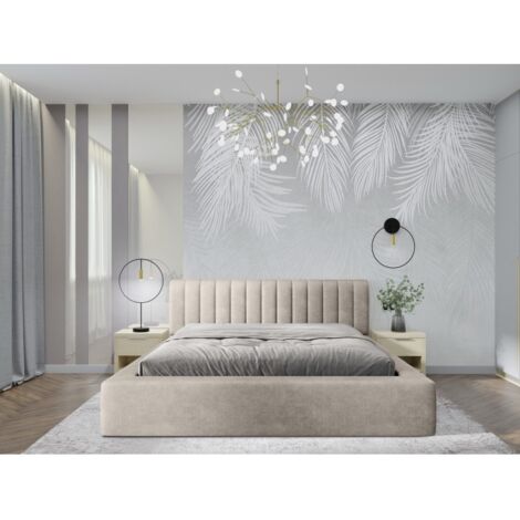 Lit coffre CERVIN – Velours doux Lin naturel – 140x200 cm – Sommier relevable – Design élégant (1/5)