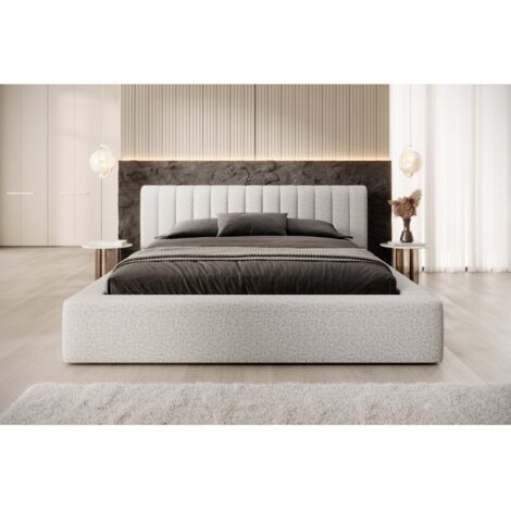 Lit coffre CERVIN – Tissu bouclé Nuage sablé – 160x200 cm – Sommier relevable – Design contemporain (1/5)
