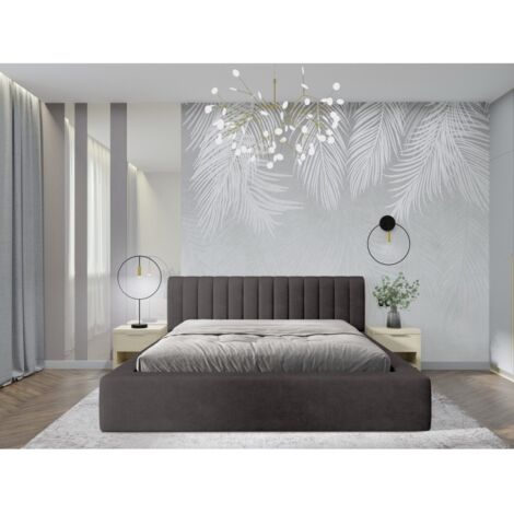 Lit coffre CERVIN – Tissu bouclé Nuage sablé – 180x200 cm – Sommier relevable – Design contemporain (1/5)