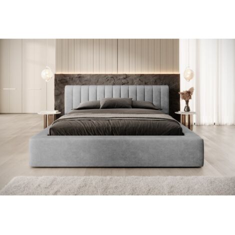 Lit coffre CERVIN – Velours doux Nacre de béton – 160x200 cm – Sommier relevable – Design contemporain (1/5)