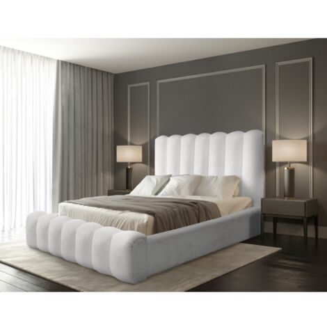 Lit coffre BADJA – Tissu bouclé Perle de lin – 160x200 cm – Sommier relevable – Design haut de gamme (1/5)