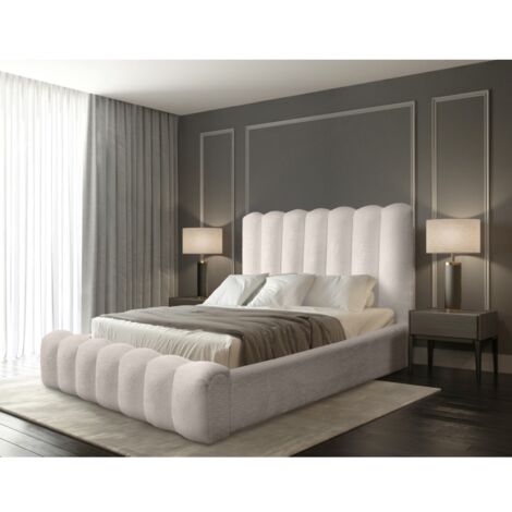 Lit coffre BADJA – Tissu bouclé Ivoire rosé – 180x200 cm – Sommier relevable – Design haut de gamme (1/5)