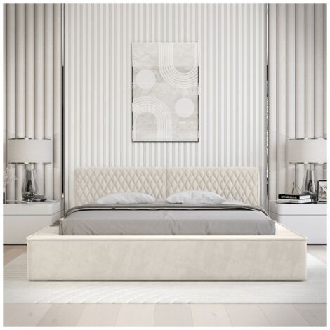 Lit coffre VERNON – Tissu chenille bouclé Lin naturel – 140x200 cm – Sommier relevable – Élégance et confort premium (1/5)