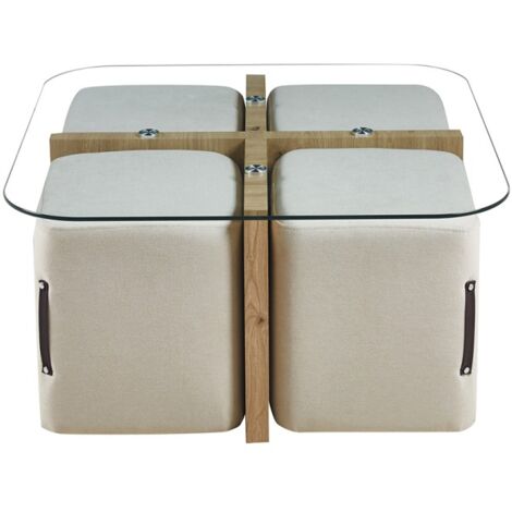 Table basse QUADORA – Carrée 90x90 cm – Verre & chêne vieilli – Avec 4 poufs blancs – Design pratique et élégant (1/5)