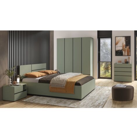 Chambre complète design collection HAVANA coloris vert sauge et noir – Lit coffre 180x200, armoire, commode et chevets. (1/5)