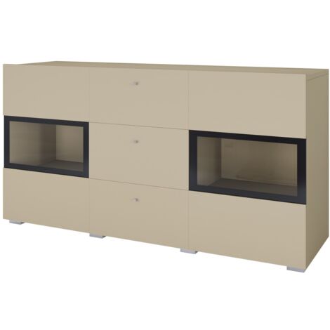 Buffet RAMOS 130 cm – Beige clair – 2 portes vitrées et 3 tiroirs – Sans LED (1/4)