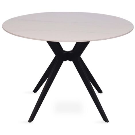 Table à manger ronde ARVENA – 110 cm – Plateau en pierre frittée – Coloris blanc – Design métal élégant (1/5)