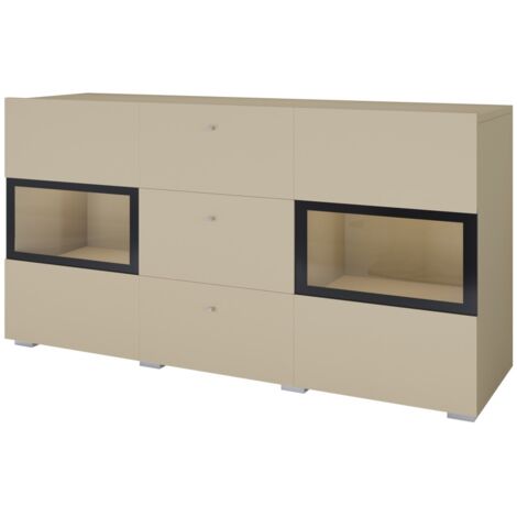 Buffet RAMOS 130 cm – Beige clair – LED multicolore intégrée – 2 portes vitrées et 3 tiroirs (1/5)
