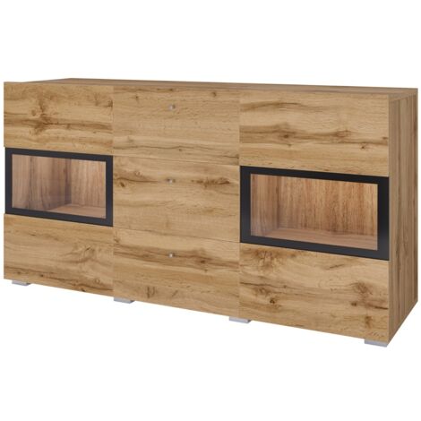 Meublorama – Buffet 130 cm en chêne doré et noir – Éclairage LED multicolore intégré – 2 portes vitrées et 3 tiroirs spacieux (1/5)